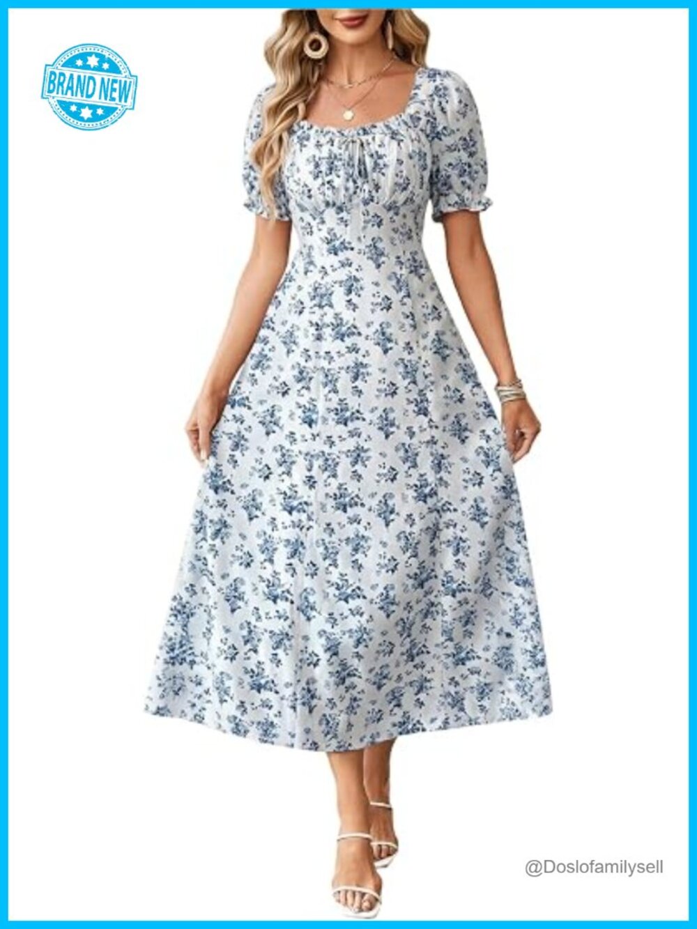 Boho Floral Flowy Maxi Dress Puff Sleeve Milkmaid Dress Ruched Bust Square Neck